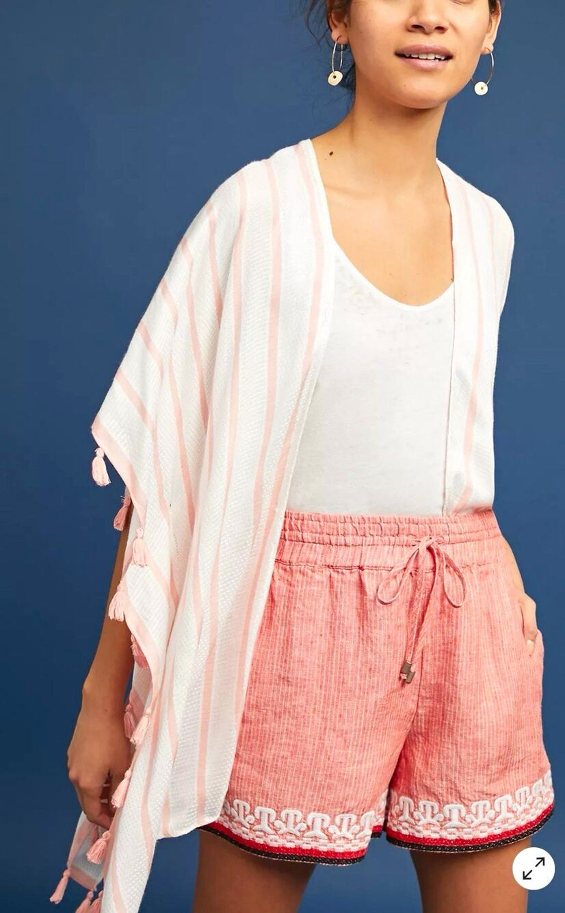 Anthropologie Beachcomber Embroidered Striped Linen Shorts Size M Drawstring